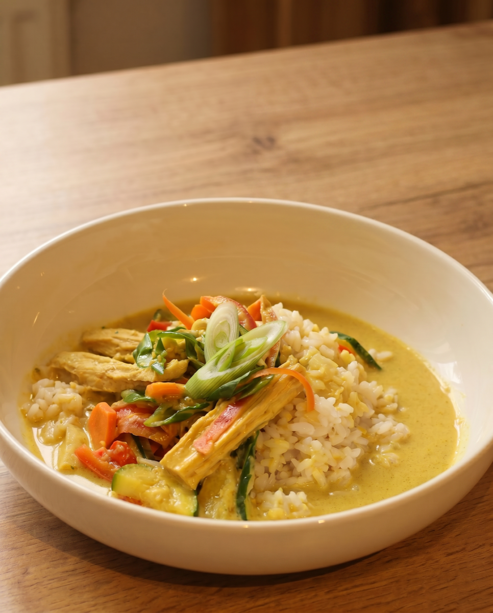 Kokos-Curry-Kremsauce mit Gemüse auf Reis